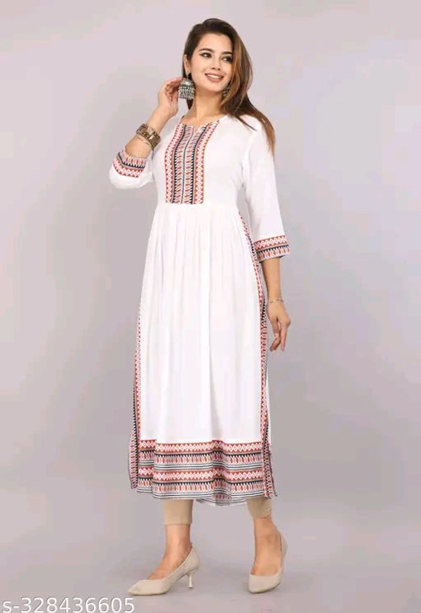 Embroidery Round Neck Kurti - White, M