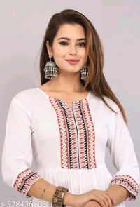 Embroidery Round Neck Kurti - White, Xl