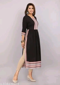 Embroidery Round Neck Kurti - S, Black