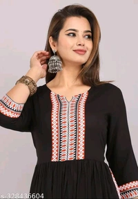 Embroidery Round Neck Kurti - L, Black