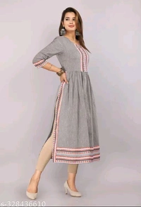 Embroidery Round Neck Kurti - L, Gray