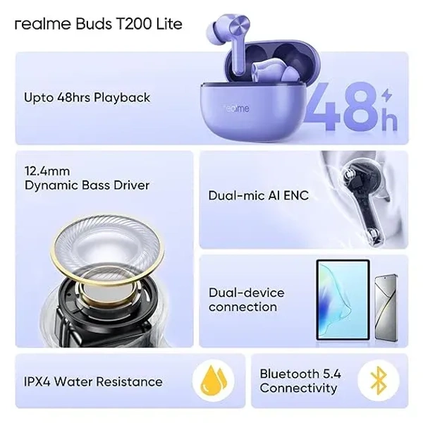realme Buds T200 Lite Bluetooth in Ear Earbuds,4 Mic, AI ENC for Calls,48 Hours Total Playback with Fast Charging (Purple) - Chetwode Blue