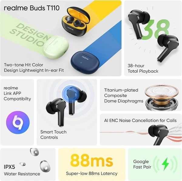 REALME T110 realme Buds T110 Bluetooth Truly Wireless in Ear Earbuds with mic, AI ENC for Calls, Google Fast Pair, 38 Hours Total Playback with Fast Charging and Low Latency Gaming Mode (Punk Black)