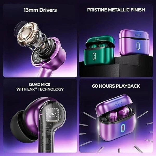 boat ear buds boAt Airdopes 141 Pro Buds, 13mm Drivers, Metallic Finish, 60HRS Battery, 4Mics ENx, Fast Charge, IPX5, v5.3 Bluetooth Earbuds, TWS Ear Buds Wireless Earphones with mic (Galactic Purple) - Purple