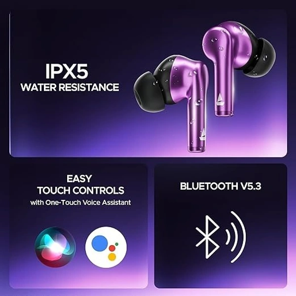 boat ear buds boAt Airdopes 141 Pro Buds, 13mm Drivers, Metallic Finish, 60HRS Battery, 4Mics ENx, Fast Charge, IPX5, v5.3 Bluetooth Earbuds, TWS Ear Buds Wireless Earphones with mic (Galactic Purple) - Purple
