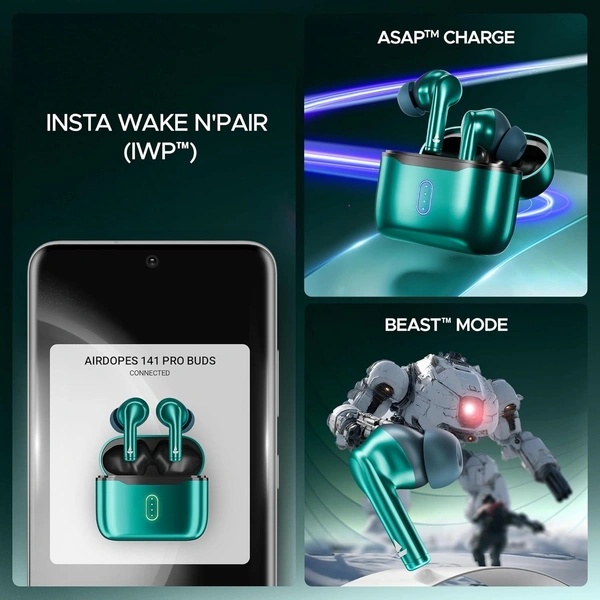 boat ear buds boAt Airdopes 141 Pro Buds, 13mm Drivers, Metallic Finish, 60HRS Battery, 4Mics ENx, Fast Charge, IPX5, v5.3 Bluetooth Earbuds, TWS Ear Buds Wireless Earphones with mic (Martian Green) - Dark Fern