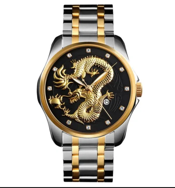 "Luxury Men's Gold Dragon Watch – Blue Dial, Stainless Steel Band, Elegant Automatic Timepiece"
 - Free