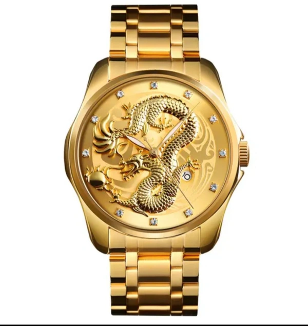 "Luxury Men's Gold Dragon Watch – Blue Dial, Stainless Steel Band, Elegant Automatic Timepiece"
 - Free