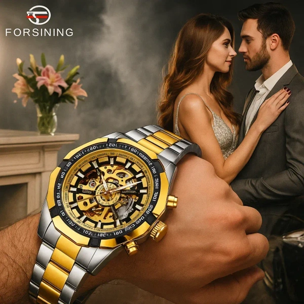 Men’s Forsining Luxury Watch – Self-Winding Skeleton with Metallic Finish