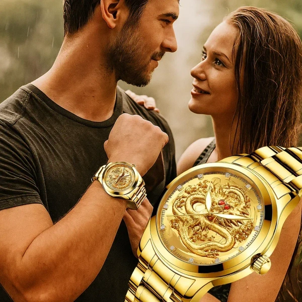 FNGEEN Royal Dragon Gold Watch for Men – Luxury Quartz Timepiece with 3D Dragon Dial
