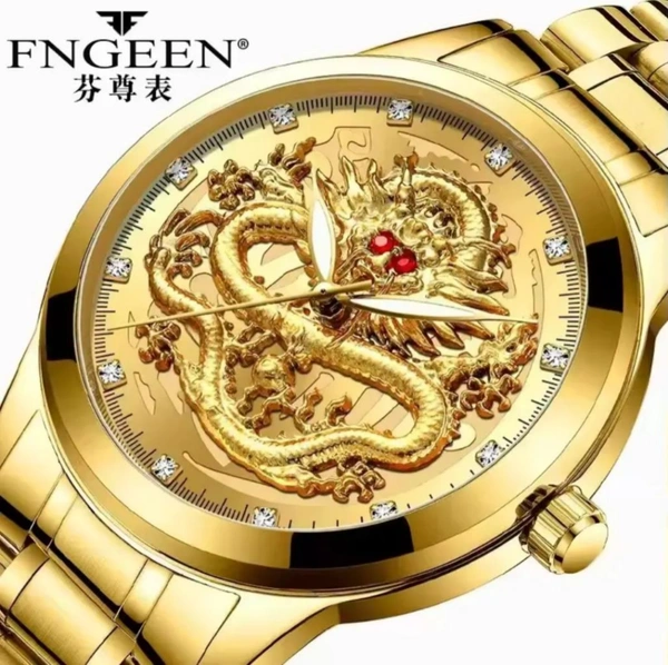 FNGEEN Royal Dragon Gold Watch for Men – Luxury Quartz Timepiece with 3D Dragon Dial
