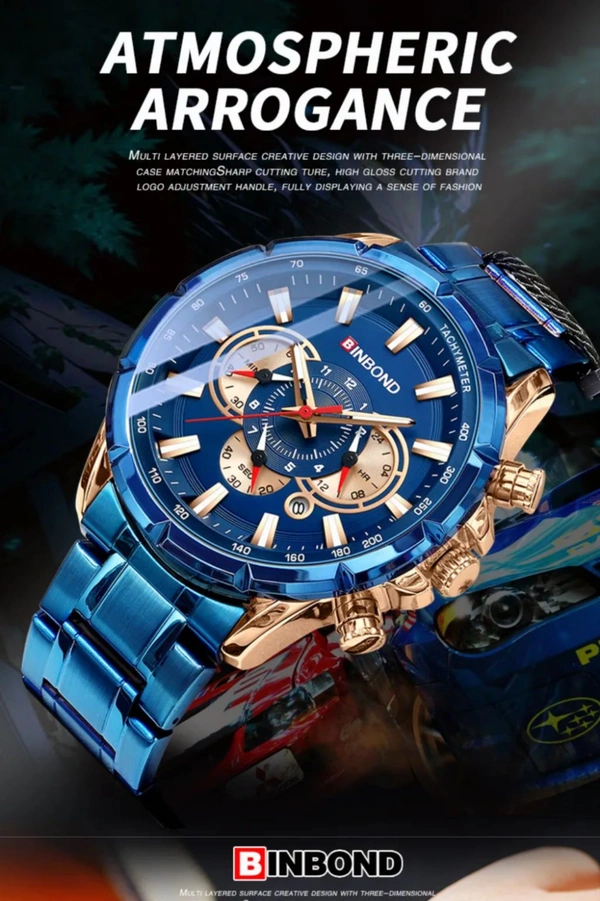 BinBond Stainless Steel Luxury Primium Watches Men Quartz Wrist Watch Chronograph Sports Luminous Fashion Watch  - Free