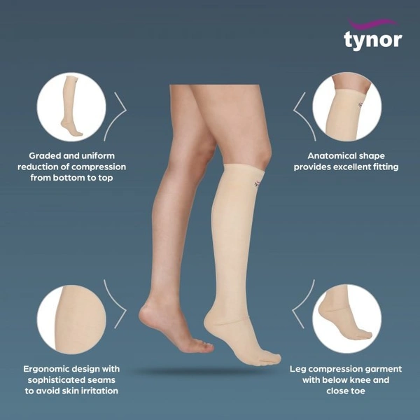 TYNOR COMPRESSION GARMENT LEG BELOW KNEE CLOSED TOE, BEIGE, 1 PAIR