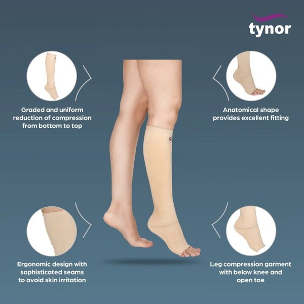 TYNOR COMPRESSION GARMENT LEG BELOW KNEE OPEN TOE, BEIGE, 1 PAIR