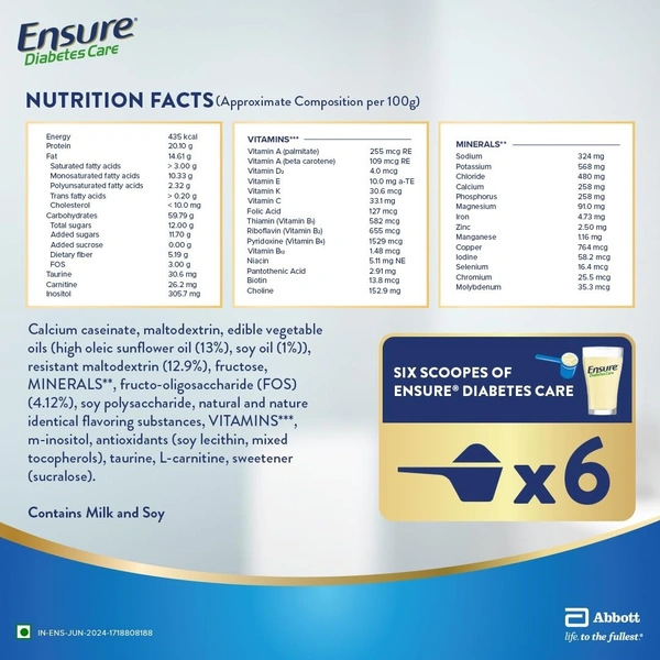 Ensure Diabetes Care Vanilla Powder with High Fiber, Protein & 36 Nutrients | Helps Manage Blood Sugar Levels in 4 weeks - 375g
