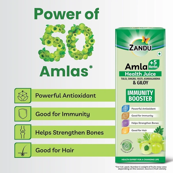 Zandu Zandu Amla + 5 Herbs Health Juice | Ayurvedic Immunity Booster | Powerful Antioxidant | Good for Bones and Hair |No Added Sugar (1000ml) - 1000ml