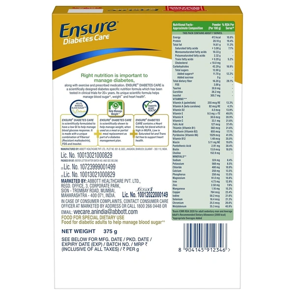 Ensure Diabetes Care Choco Powder with High Fiber, Protein & 36 Nutrients | Helps Manage Blood Sugar Levels in 4 weeks - 375g