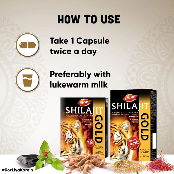 Dabur Shilajit Gold : 100 % Ayurvedic Capsules for Strength , Stamina and Power -10 capsules - 10 capsules