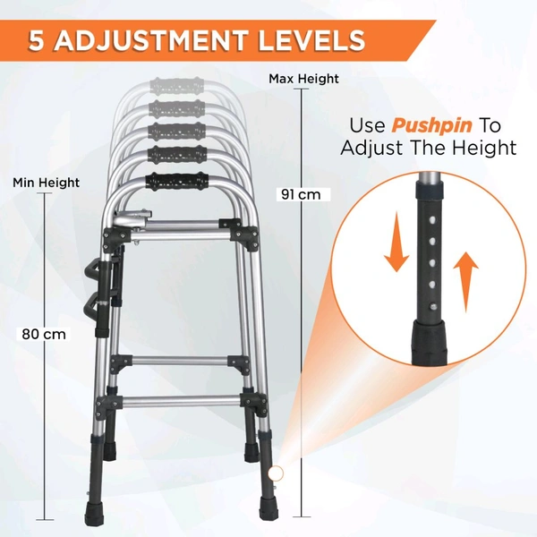 VISSCO Dura Max Walker (Aluminium) | Foldable Walking Aid | Adjustable Height | Light Weight | With Premium Grade Rubber Shoes and PVC Grip (Grey)