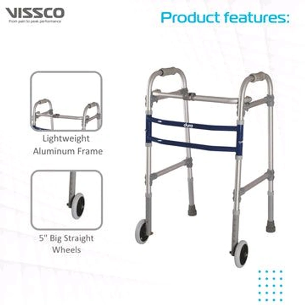 Dura Max Walker (Aluminium) With Straight Wheel for Elderly & Physically Challenged | Foldable |Light Weight & Adjustable Height (Grey)