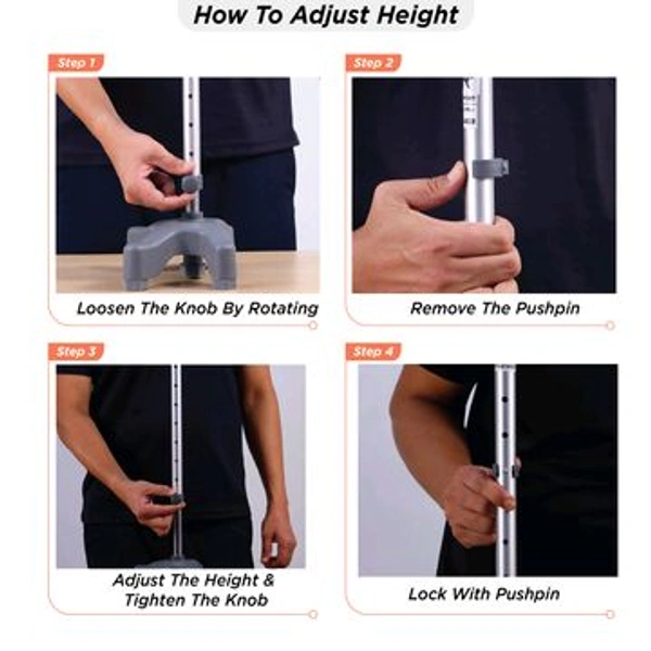 VISSCO Avanti L Shape Quadripod Stick | Walking Stick with Adjustable Height | Light Weight | 4 Legged Base (Grey)
