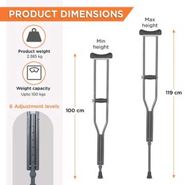 Astra Under Arm Crutches | Adjustable Elbow Support & Height | Light Weight | PVC grip Handle - Xtra Large
