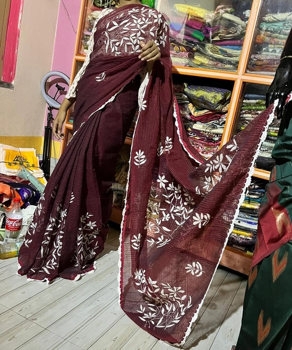 SKU1525 : Resham Check Kathiyawadi Saree with Crochet Border | Traditional Gujarati Handcrafted Ethnic Wear