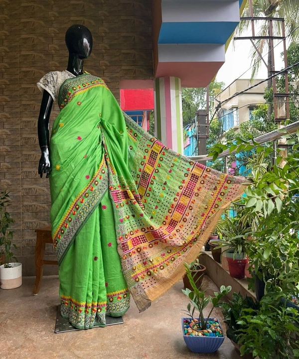 SKU1526 : Stepple Tussar Silk Saree with Lambani Handwork | Traditional Tribal Embroidered Festive Wear