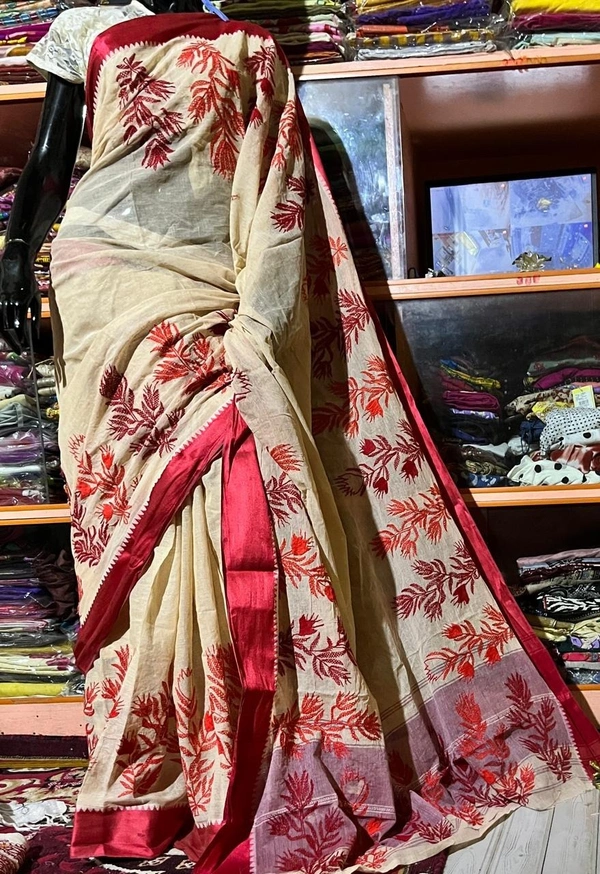 SKU1527 : Tant Saree with Kathiyawadi Hand Stitch Work & Velvet Border | Traditional Festive Ethnic Wear