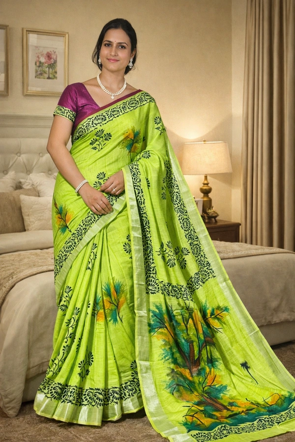 SKU1531 : Linen Saree with Hand Block Print | Lightweight Elegant Daily & Festive Wear Saree