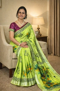 SKU1531 : Linen Saree with Hand Block Print | Lightweight Elegant Daily & Festive Wear Saree