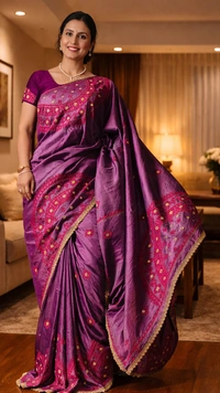 SKU1514 : Sonamukhi Silk Saree with Traditional Gujarati Handwork | Elegant Festive & Wedding Ethnic Wear