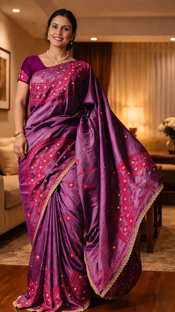 SKU1514 : Sonamukhi Silk Saree with Traditional Gujarati Handwork | Elegant Festive & Wedding Ethnic Wear