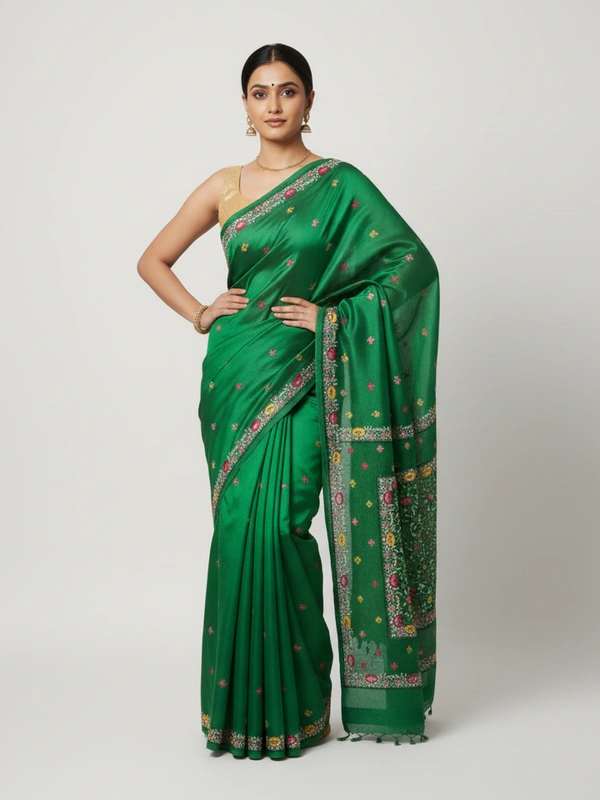 SKU0950 : Elegant Pure Silk Saree – Kantha Stitch | Parsi work - Kantha Stitch, Dry Clean Only, Yes