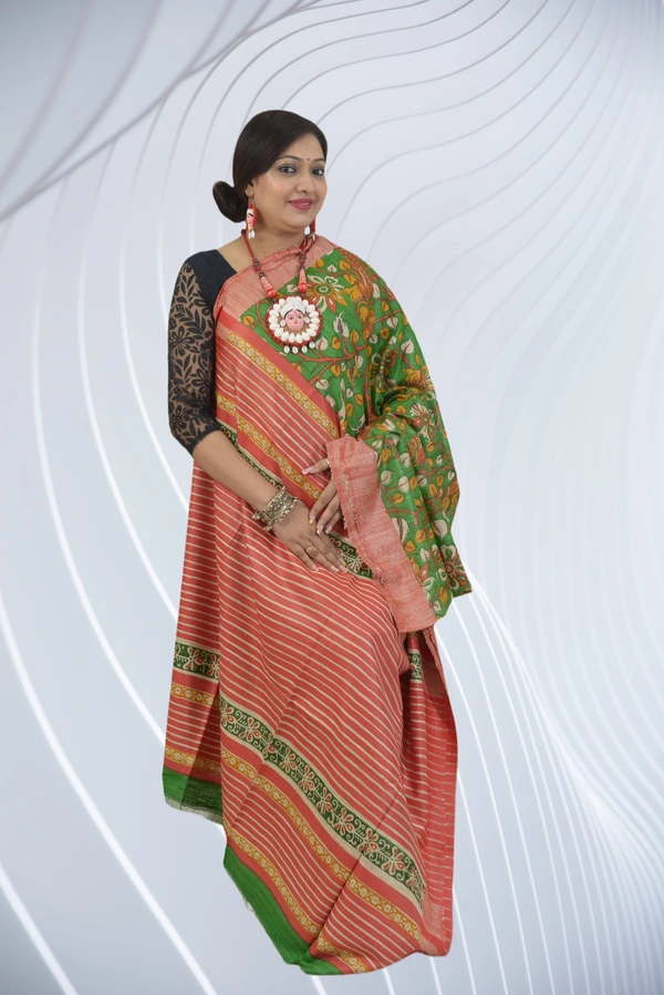 SKU0490 : Elegant Tussar Temple Ghicha Silk Saree – Handwoven Traditional Style - Normal Length 6.3 mtr Plus, Parrot Green, Floral Print, Dry Clean Only, Yes