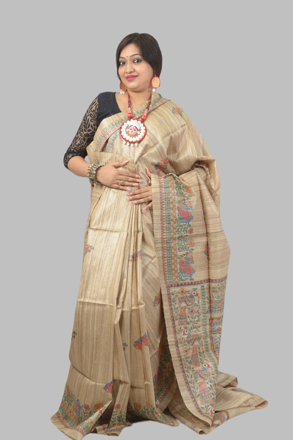 SKU0503 : Pure Ghicha Silk Saree–Handwoven Elegance from Bengal - Normal Length 6.3 mtr Plus, Tussar, Block Print, Dry Clean Only, Yes