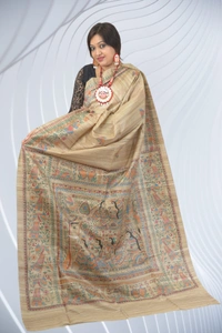 SKU0503 : Pure Ghicha Silk Saree–Handwoven Elegance from Bengal - Normal Length 6.3 mtr Plus, Tussar, Block Print, Dry Clean Only, Yes