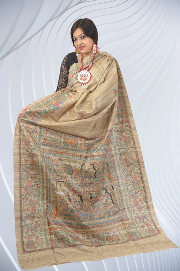 SKU0503 : Pure Ghicha Silk Saree–Handwoven Elegance from Bengal - Normal Length 6.3 mtr Plus, Tussar, Block Print, Dry Clean Only, Yes