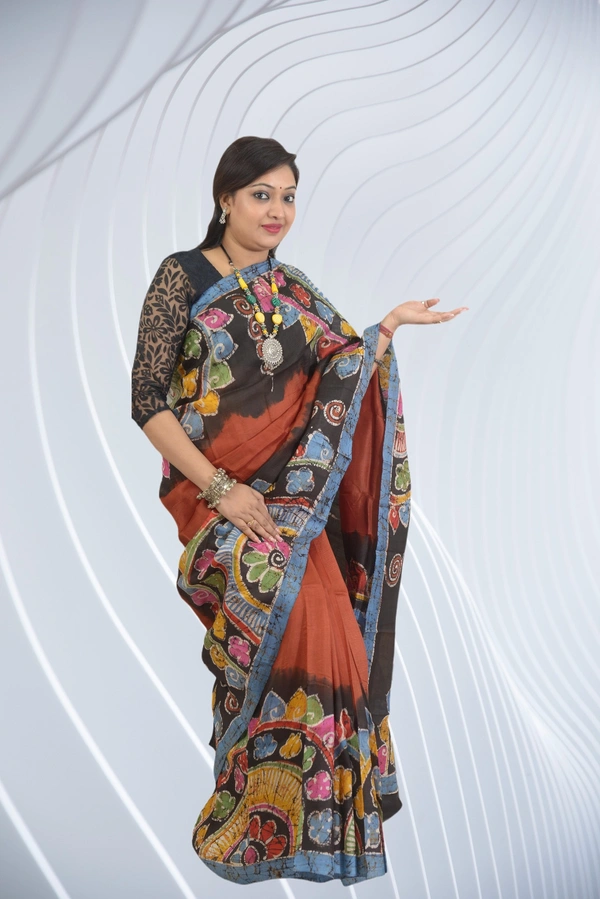 SKU0555 : Murshidabad Pure Silk – Premium Wax Batik Fabric – Hand Painted - Normal Length 6.3 mtr Plus, Rust, Hand Print, Dry Clean Only, Yes