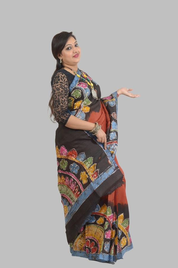 SKU0555 : Murshidabad Pure Silk – Premium Wax Batik Fabric – Hand Painted - Normal Length 6.3 mtr Plus, Rust, Hand Print, Dry Clean Only, Yes