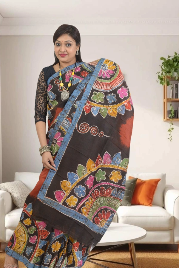 SKU0555 : Murshidabad Pure Silk – Premium Wax Batik Fabric – Hand Painted - Normal Length 6.3 mtr Plus, Rust, Hand Print, Dry Clean Only, Yes