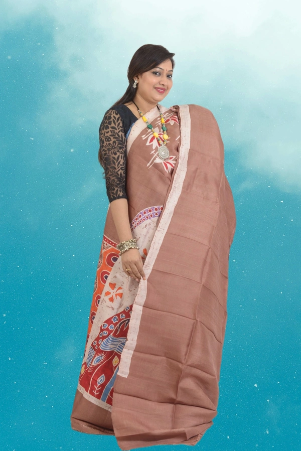 SKU0556 : Murshidabad Pure Silk – Premium Wax Batik Fabric – Hand Painted - Normal Length 6.3 mtr Plus, Coffee, Hand Print, Dry Clean Only, Yes