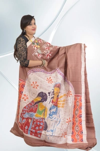 SKU0556 : Murshidabad Pure Silk – Premium Wax Batik Fabric – Hand Painted - Normal Length 6.3 mtr Plus, Coffee, Hand Print, Dry Clean Only, Yes