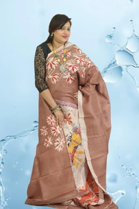 SKU0556 : Murshidabad Pure Silk – Premium Wax Batik Fabric – Hand Painted - Normal Length 6.3 mtr Plus, Coffee, Hand Print, Dry Clean Only, Yes