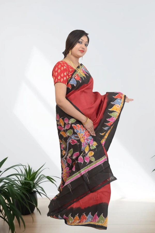 SKU0602 : Pure Cotton Saree – Handwoven, Lightweight & Breathable Fabric - Normal Length 6.3 mtr Plus, Red, Hand Print, Dry Clean Only, Yes