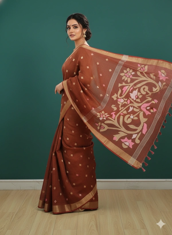 SKU0228 : Pure Ghicha Silk Saree – Handwoven Elegance from Bengal - Buti / Booti, Dry Clean Only, Yes