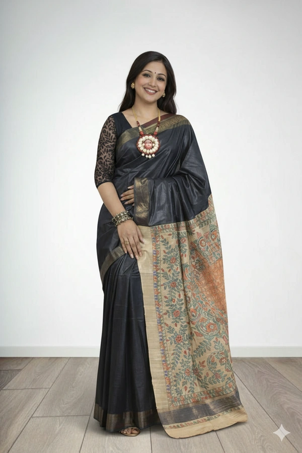 SKU0485 : Elegant Handwoven Tussar Ghicha Bapta Saree – Traditional Bengal Weave - Normal Length 6.3 mtr Plus, Plain / Solid, Dry Clean Only, Yes