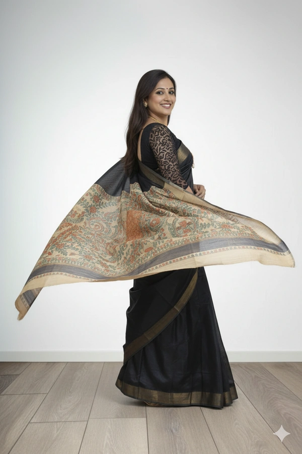 SKU0485 : Elegant Handwoven Tussar Ghicha Bapta Saree – Traditional Bengal Weave - Normal Length 6.3 mtr Plus, Plain / Solid, Dry Clean Only, Yes