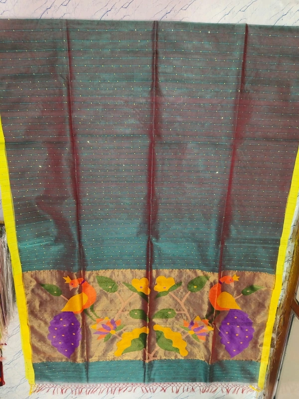 SKU0257 : Pure Silk Paithani Mulberry Silk Saree – Handwoven Traditional Elegance Shape - Dual Tone, Bird Motif, Hand Wash, Yes