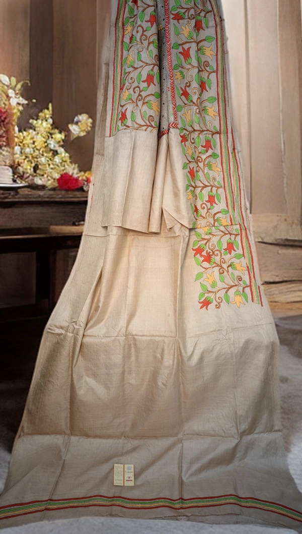 SKU0274 : Pure Cotton Saree – Handwoven, Lightweight & Breathable Fabric | Dhonekhali | Calcutta Cotton - Cream Colour, Floral, Dry Clean Only, Yes